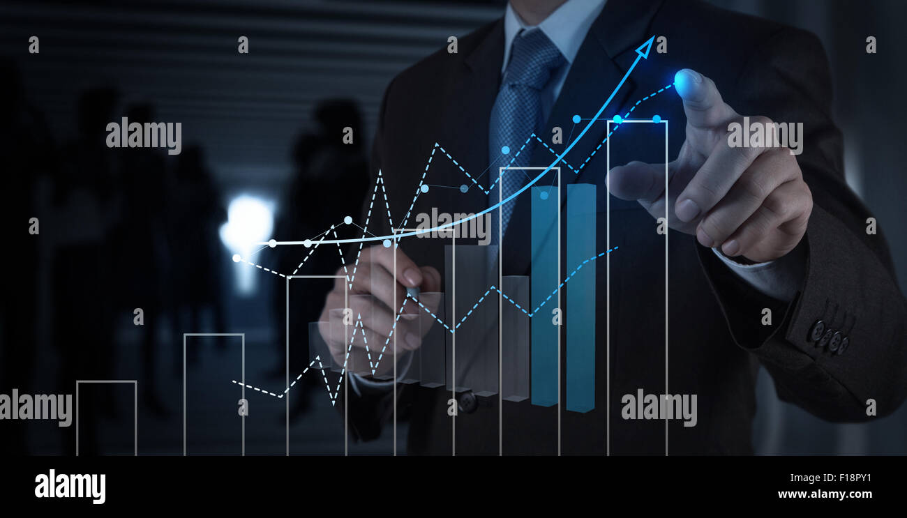 Geschäftsmann Hand arbeiten mit neuen modernen Computer und Business-Strategie als Konzept Stockfoto