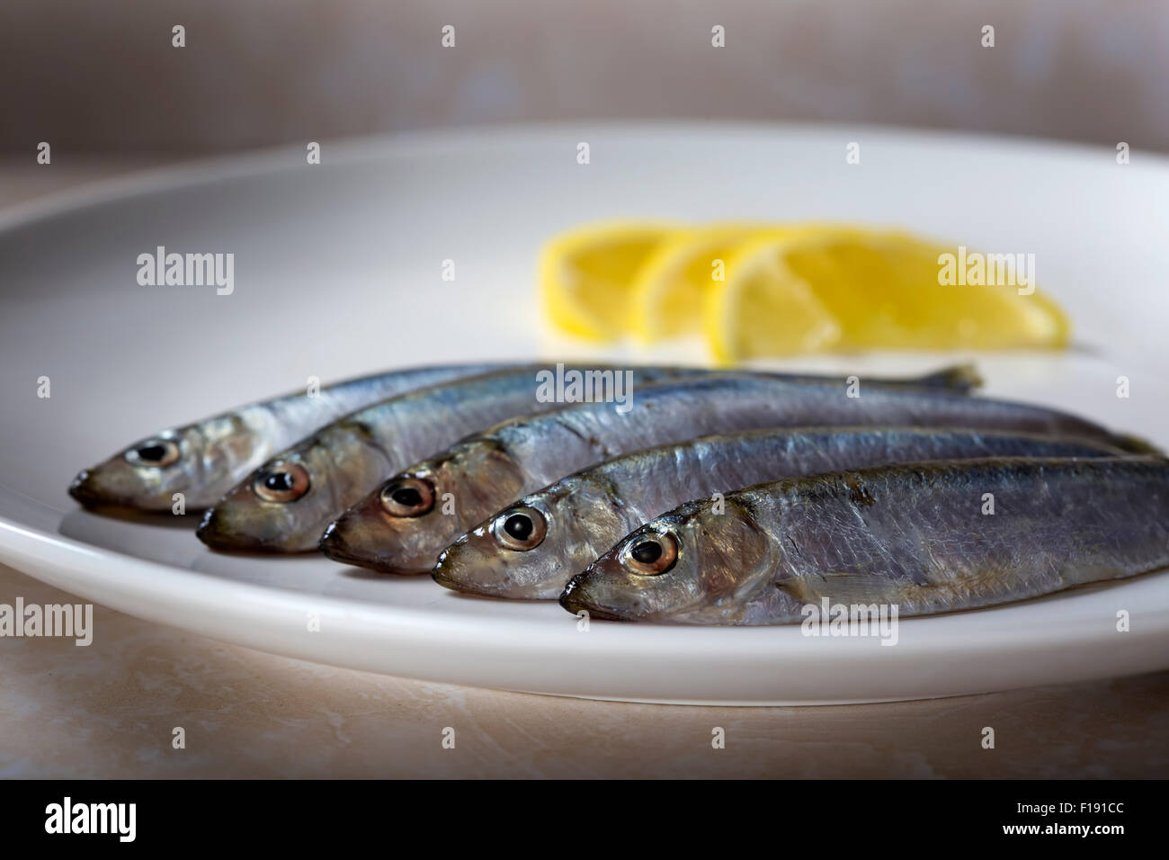 Frische Sprotten Fisch, selektiven Fokus. Gesunde Ernährung, Diät oder Koch-Konzept Stockfoto