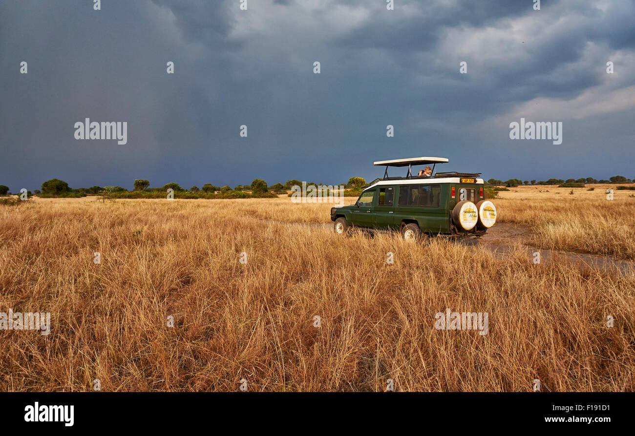 4 x 4 touristische Fahrzeug in der Landschaft in Queen Elizabeth National Park, Uganda, Afrika Stockfoto