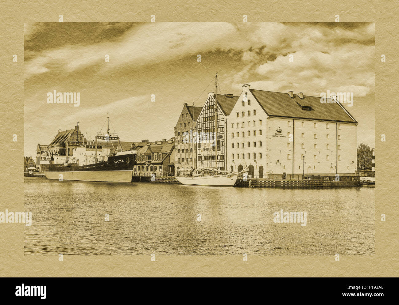 Blick auf die Mottlau, das National Maritime Museum und das Museumsschiff Soldek, Danzig, Pommern, Polen, Europa Stockfoto