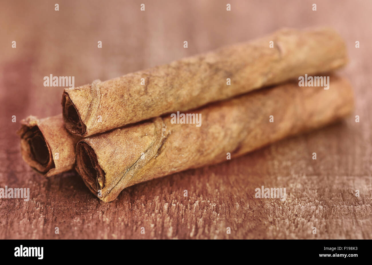 Auf Holzoberfläche Tabakblätter gerollt Stockfoto