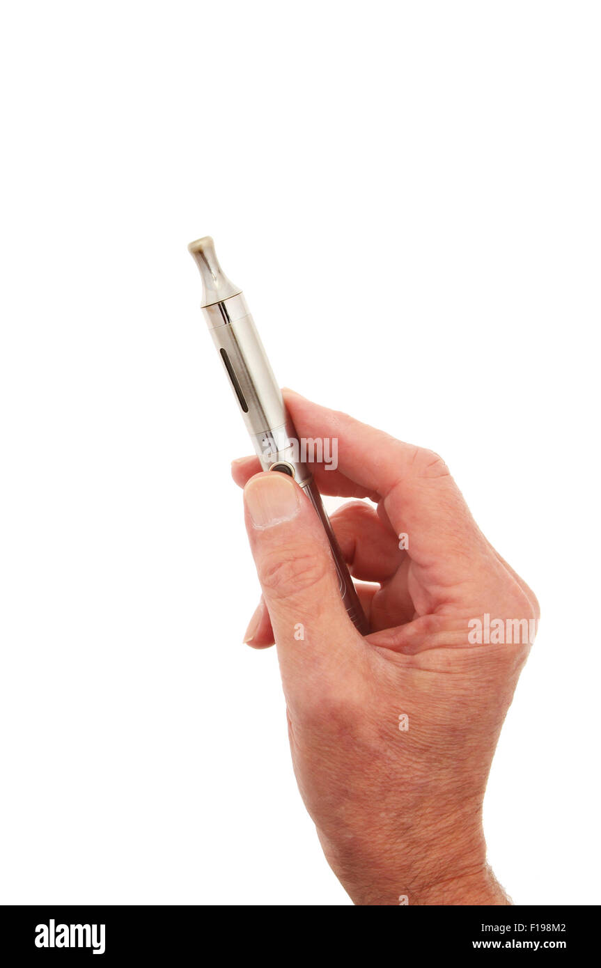 Hand, die eine elektronische Zigarette isoliert gegen weiß Stockfoto