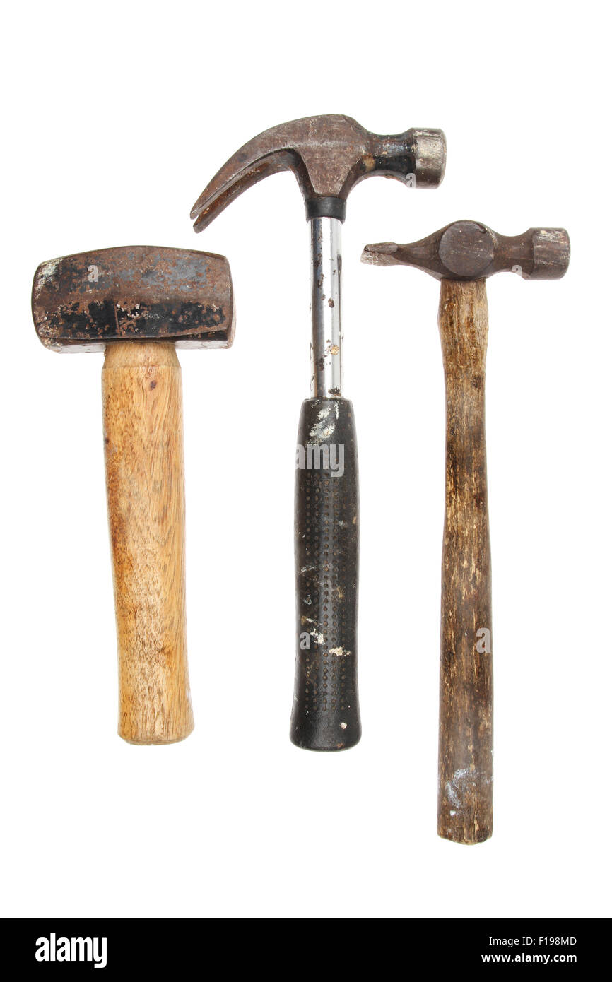 Drei Hämmer, Klumpen, Klaue und Tack Hammer isoliert gegen weiß Stockfoto