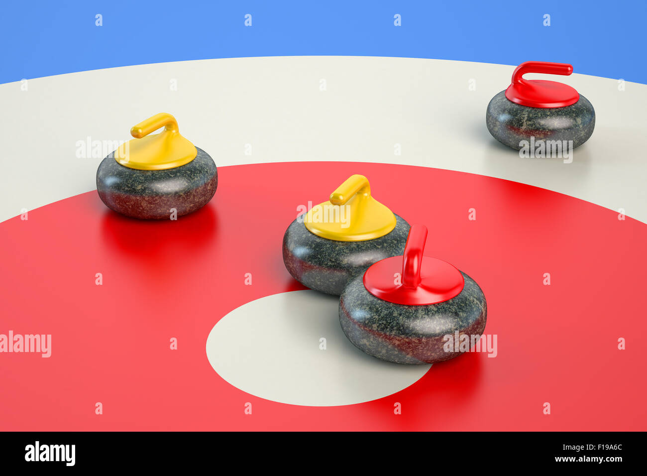 Curling-Konzept, Curling-Stein auf der Spielfläche Stockfoto