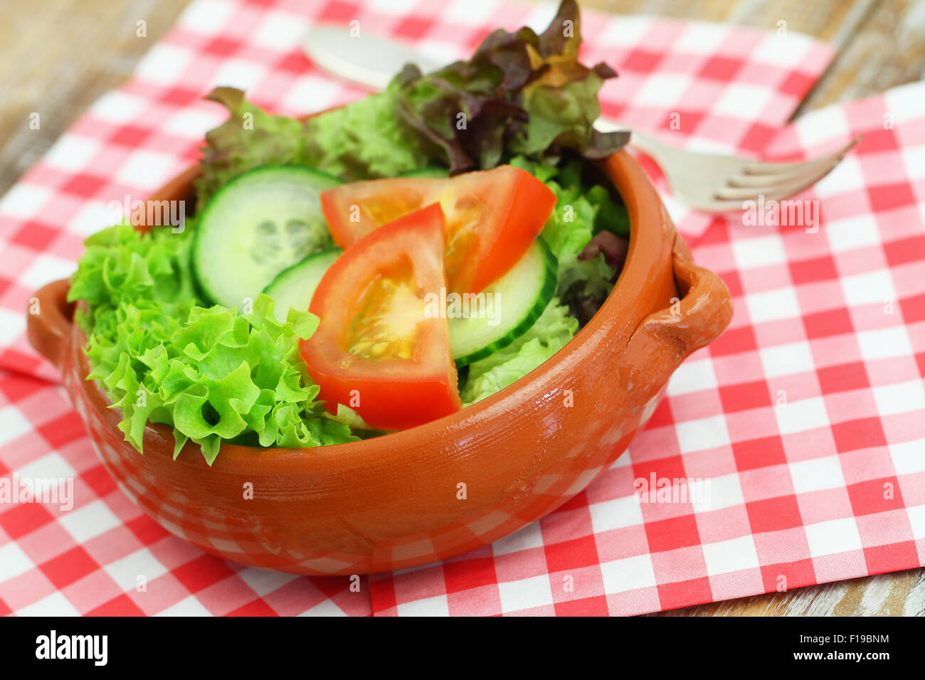 Grüner Salat in Ton Schüssel auf karierte Serviette Stockfoto