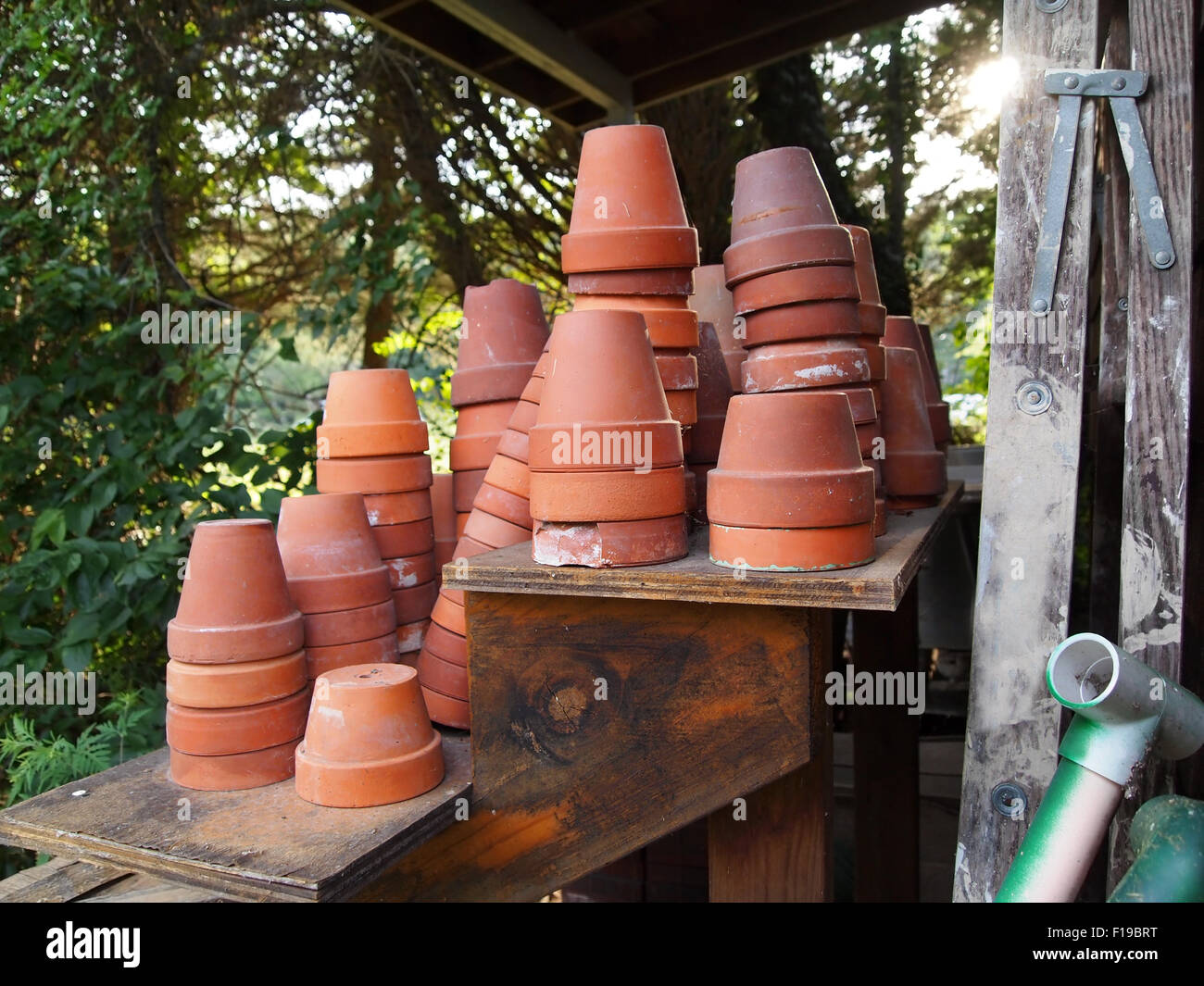 Stacks und Stapel von kleinen leeren Ton-Blumentöpfe neben einem Garten Schuppen in der späten Tag Sonne. Stockfoto