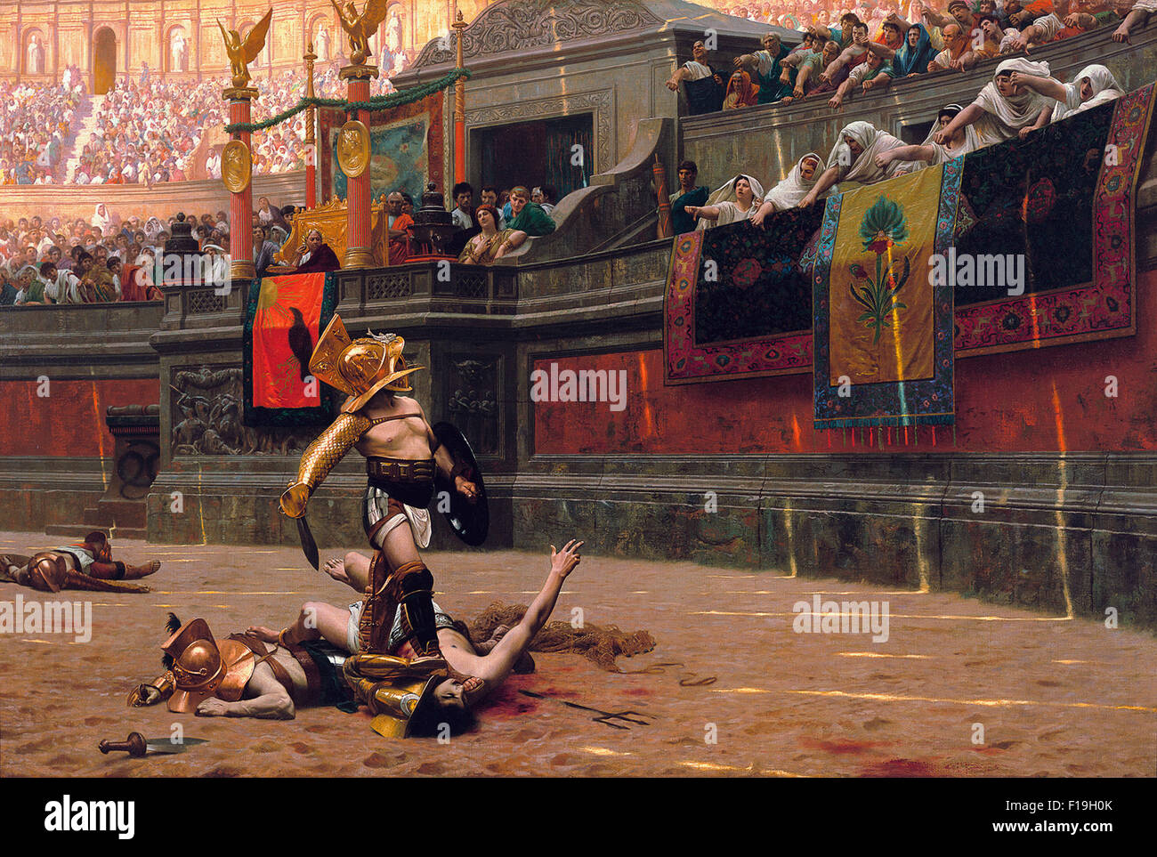 Pollice Verso (1872), die die "Daumen runter" Geste popularisiert. Öl auf Leinwand. Ein römischer Kaiser im Kolosseum macht die berühmten Daumen runter Geste. Gemälde des Künstlers Jean-Léon Gérôme. Stockfoto