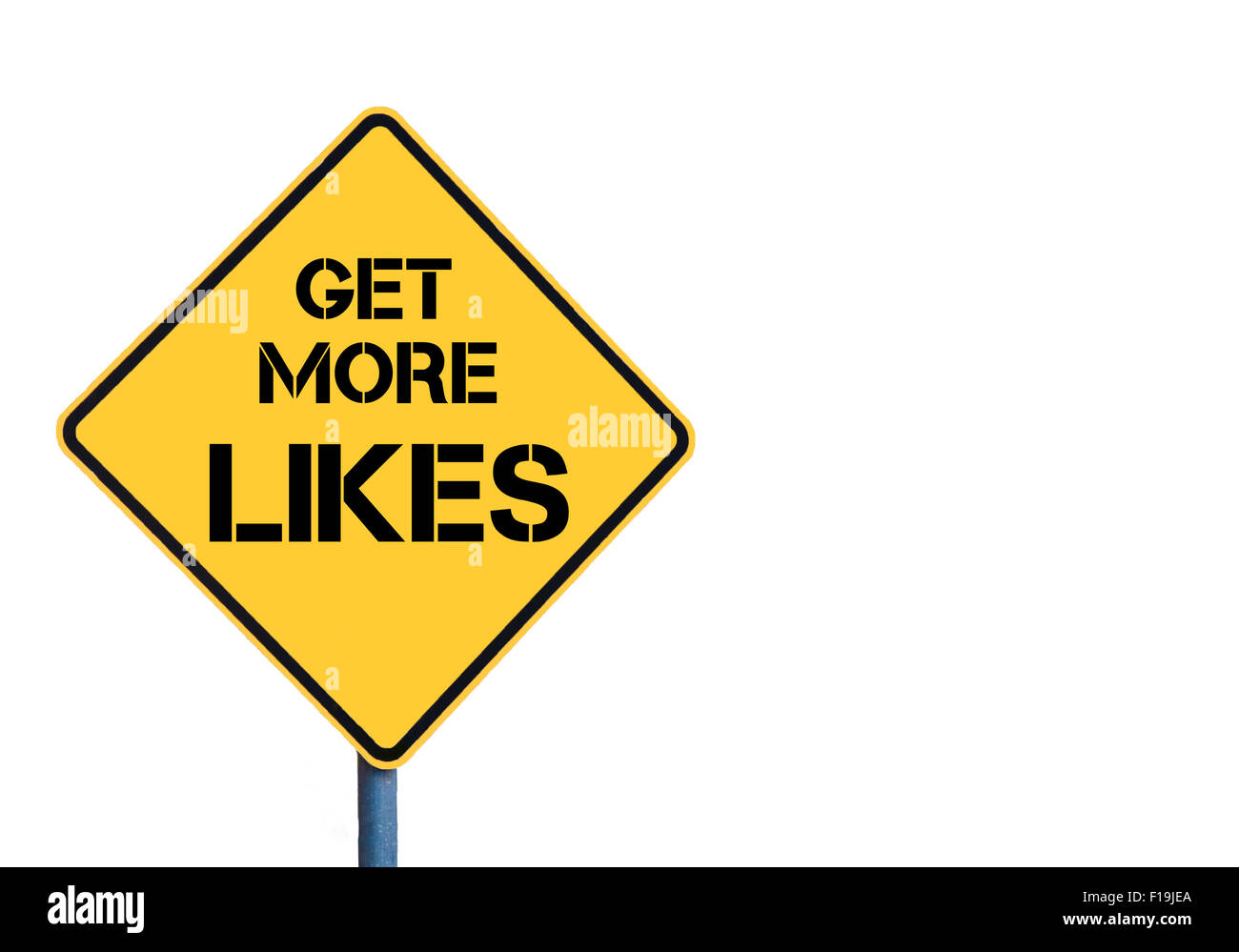 Gelbe Roadsign mit bekommen mehr mag Nachricht isoliert auf weißem Hintergrund Stockfoto