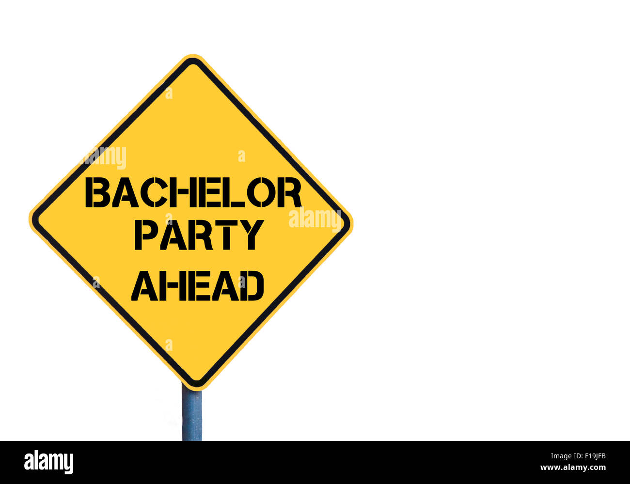 Gelbes Schild mit Bachelor Party voraus Nachricht isoliert auf weißem Hintergrund Stockfoto