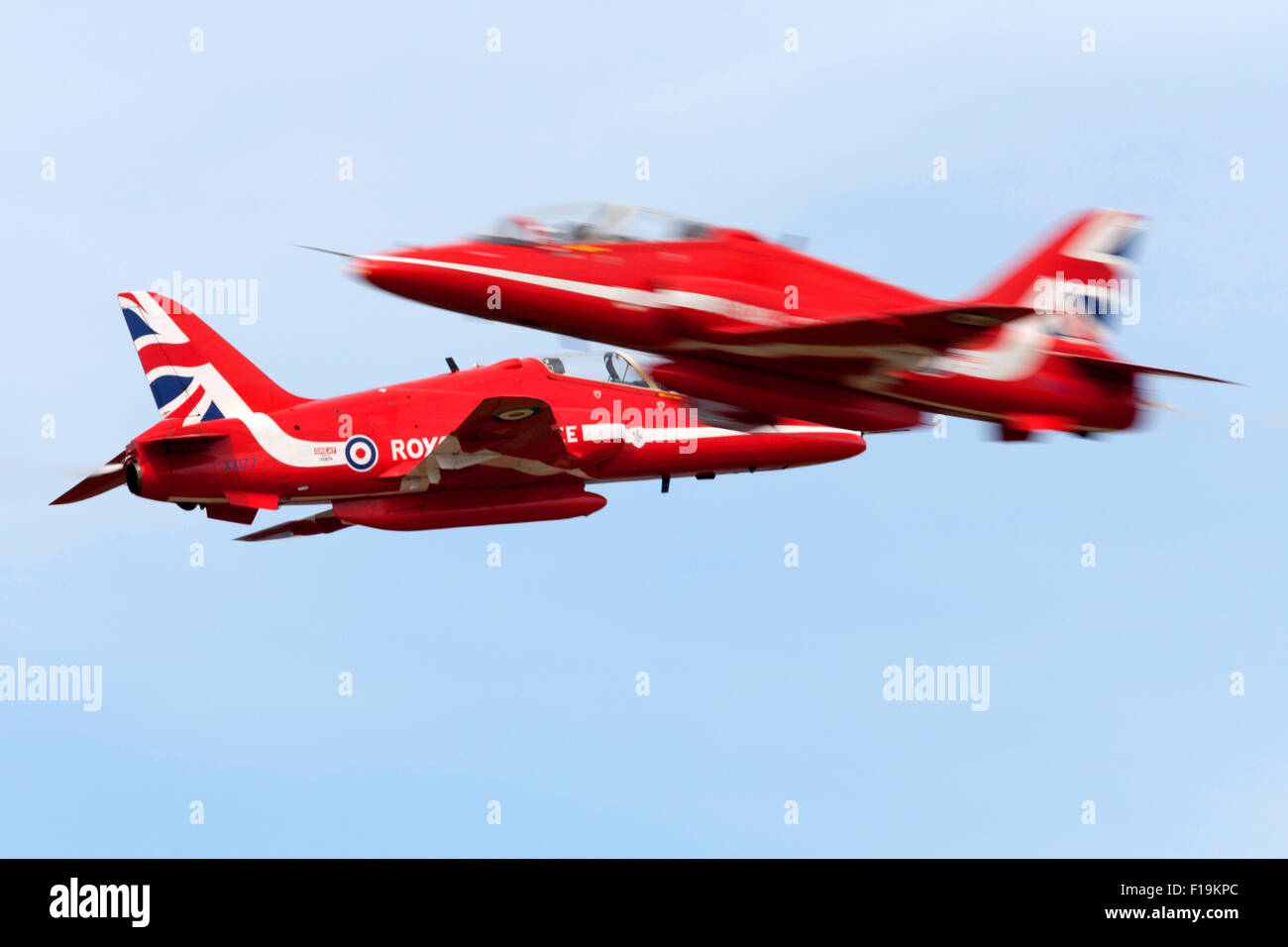 Bekannt als die Royal Air Force-Kunstflugstaffel Red Arrows Anzeigen der Kunstflug Team der Royal Air Force auf der RIAT 2015 Stockfoto