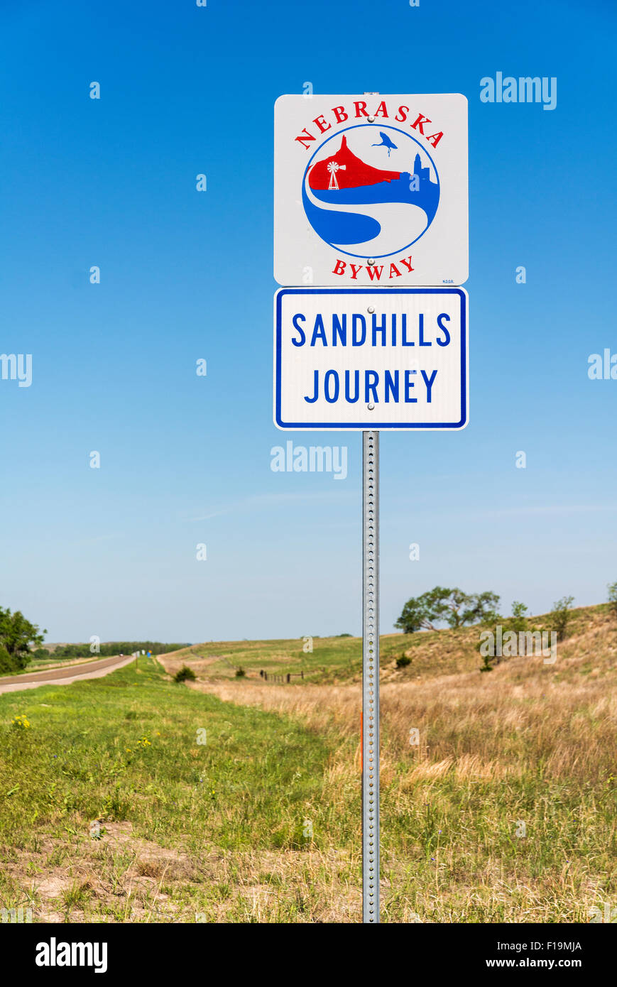 Nebraska, Sandhills Reise Hwy 2 Scenic Byway, Straßenschild Stockfoto