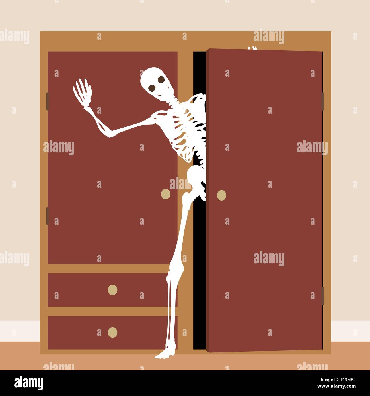 EPS8 bearbeitet werden Vektor-Konzept-Illustration eines Skeletts winken aus einem Schrank oder Kleiderschrank Stock Vektor