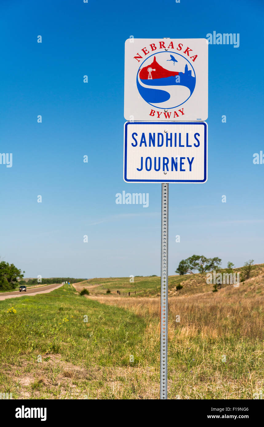 Nebraska, Sandhills Reise Hwy 2 Scenic Byway, Straßenschild Stockfoto