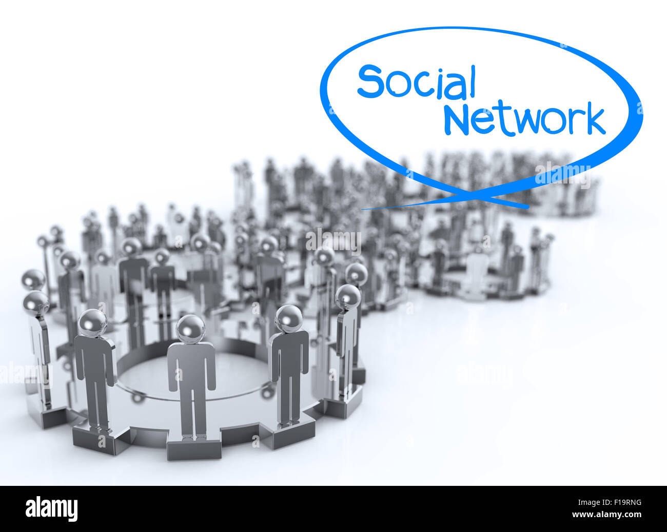 Modell von 3d Figuren auf verbundenen Zahnräder als soziales Netzwerk-Konzept Stockfoto