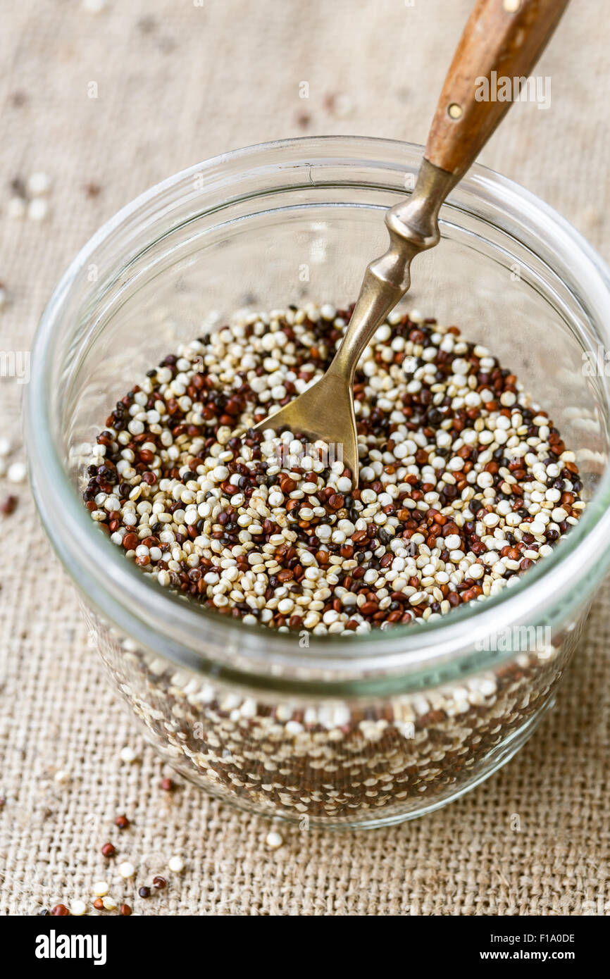 Verschiedene Arten von Quinoa in eine Glasschüssel Stockfoto