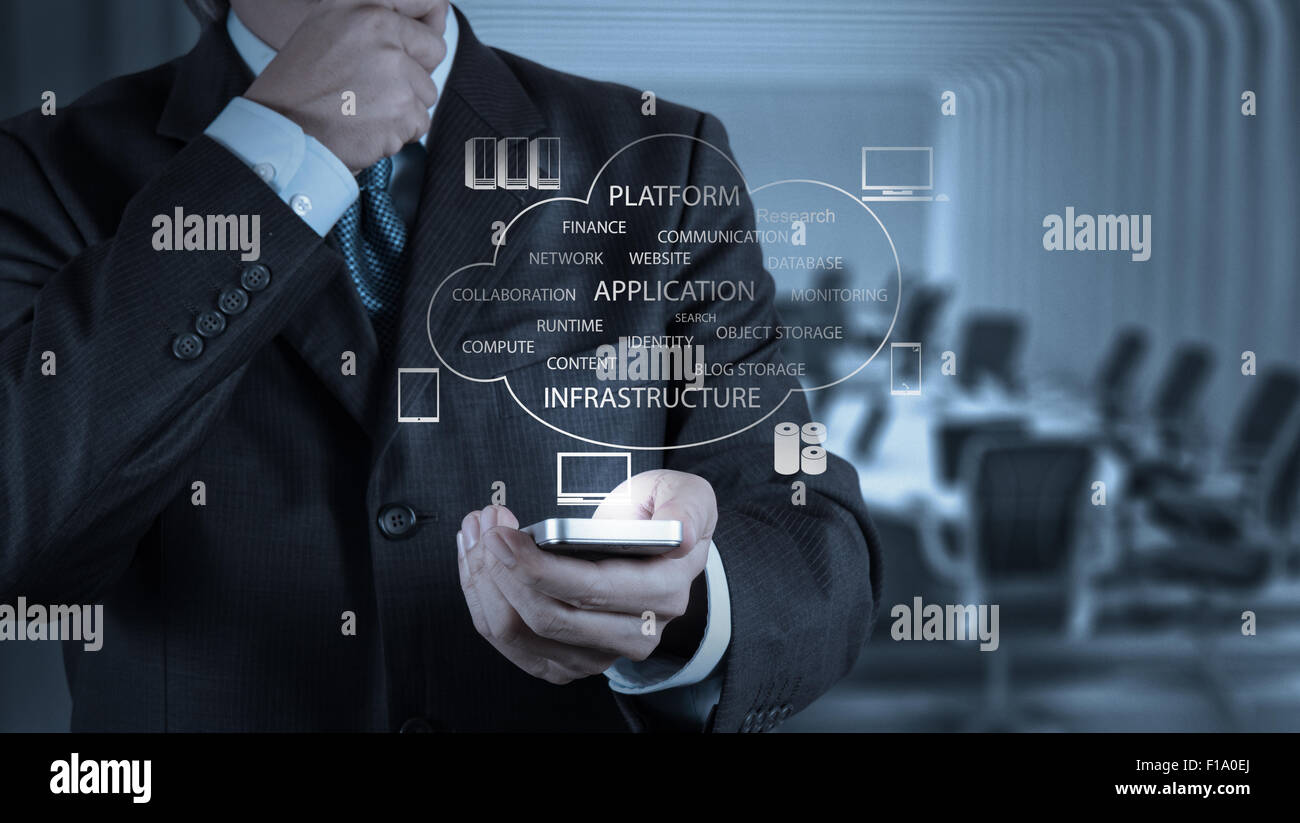 Geschäftsmann Hand arbeiten mit einem Diagramm Cloud Computing auf dem neuen Handy als Konzept Stockfoto