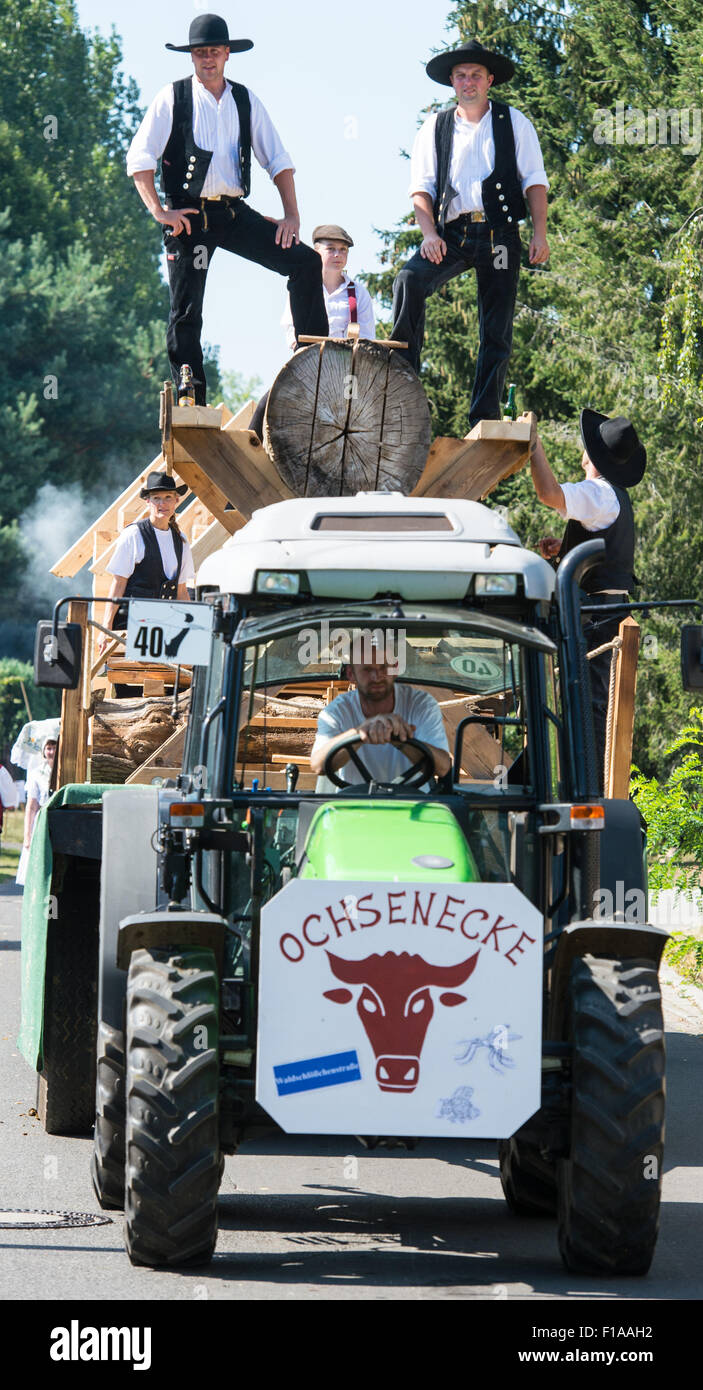 Tischler mit einem geschmückten Traktor beteiligen sich an dem Festakt für die 700-Jahrfeier der Stadt Burg, Deutschland, 30. August 2015. Einige Theorien glauben, dass die erste Siedlungen Burg 4000 v. Chr., sondern ein Dokument das Jahr 1315 markiert den offiziellen Geburtstag der Stadt gegründet wurden. Foto: Patrick Pleul/dpa Stockfoto