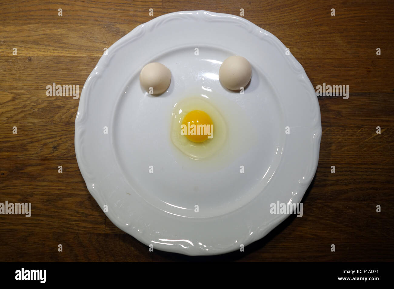 Neu Kätwin, Deutschland, rohes Ei und Eierschale auf einem Teller Stockfoto