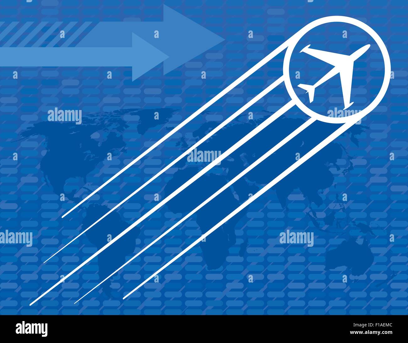 Blaue Flugzeug reisen Hintergrund mit Pfeilen und einer Weltkarte Stock Vektor