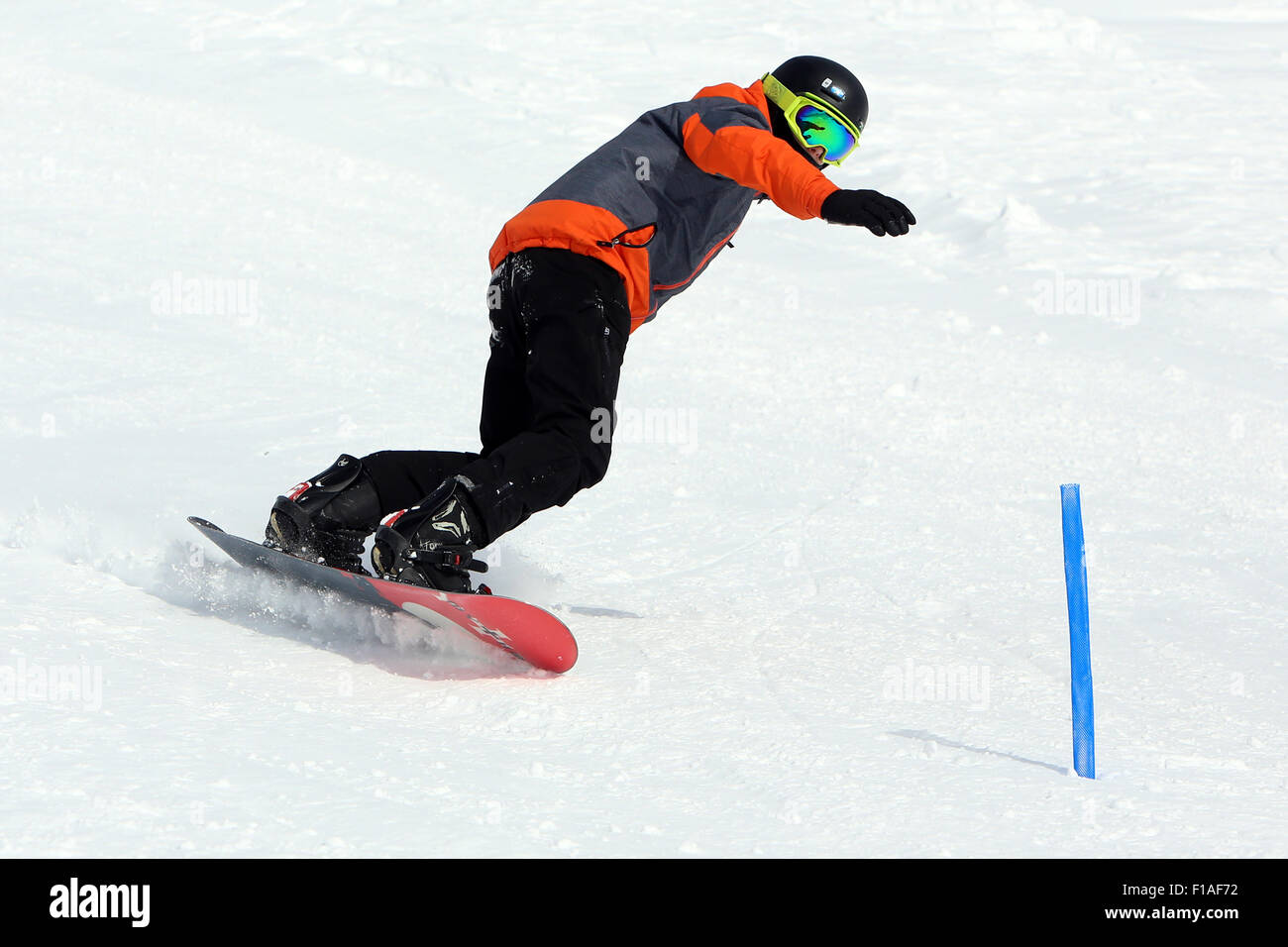Startstelle, Österreich, ein Junge, Snowboarden Stockfoto