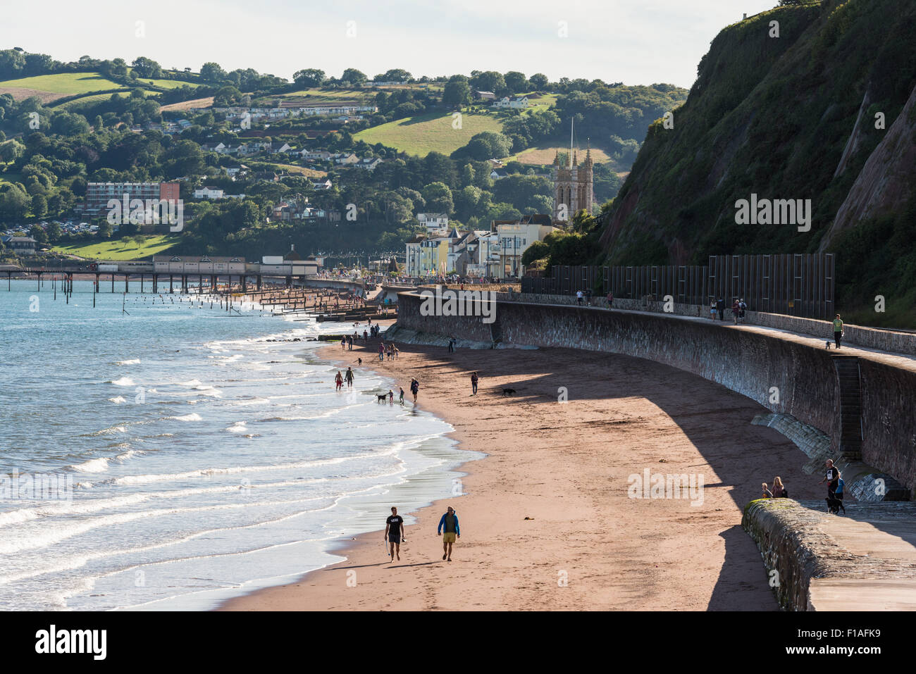 Teignmouth, Devon. 2015. die berühmten Brunel Ufermauer Küste Schiene. Stadt in den Hintergrund und die Passanten ihre Hunde am Strand Stockfoto