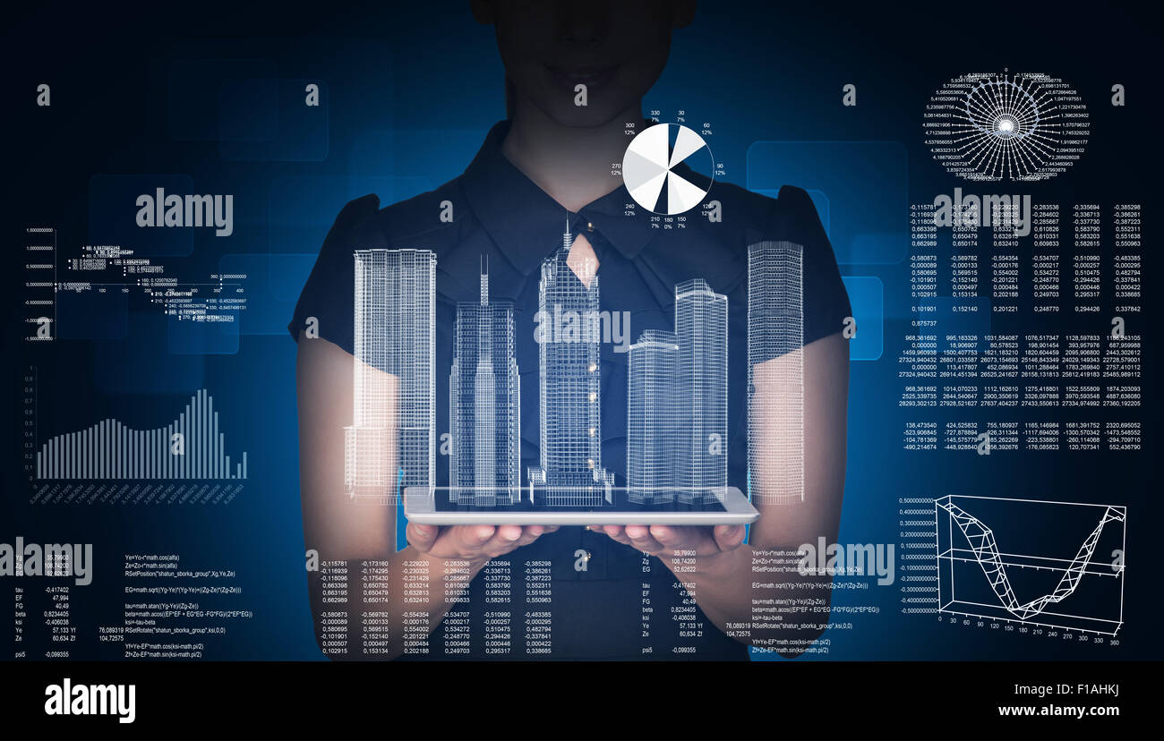 Geschäftsfrau mit Tablet und 3d Stadtmodell Stockfoto