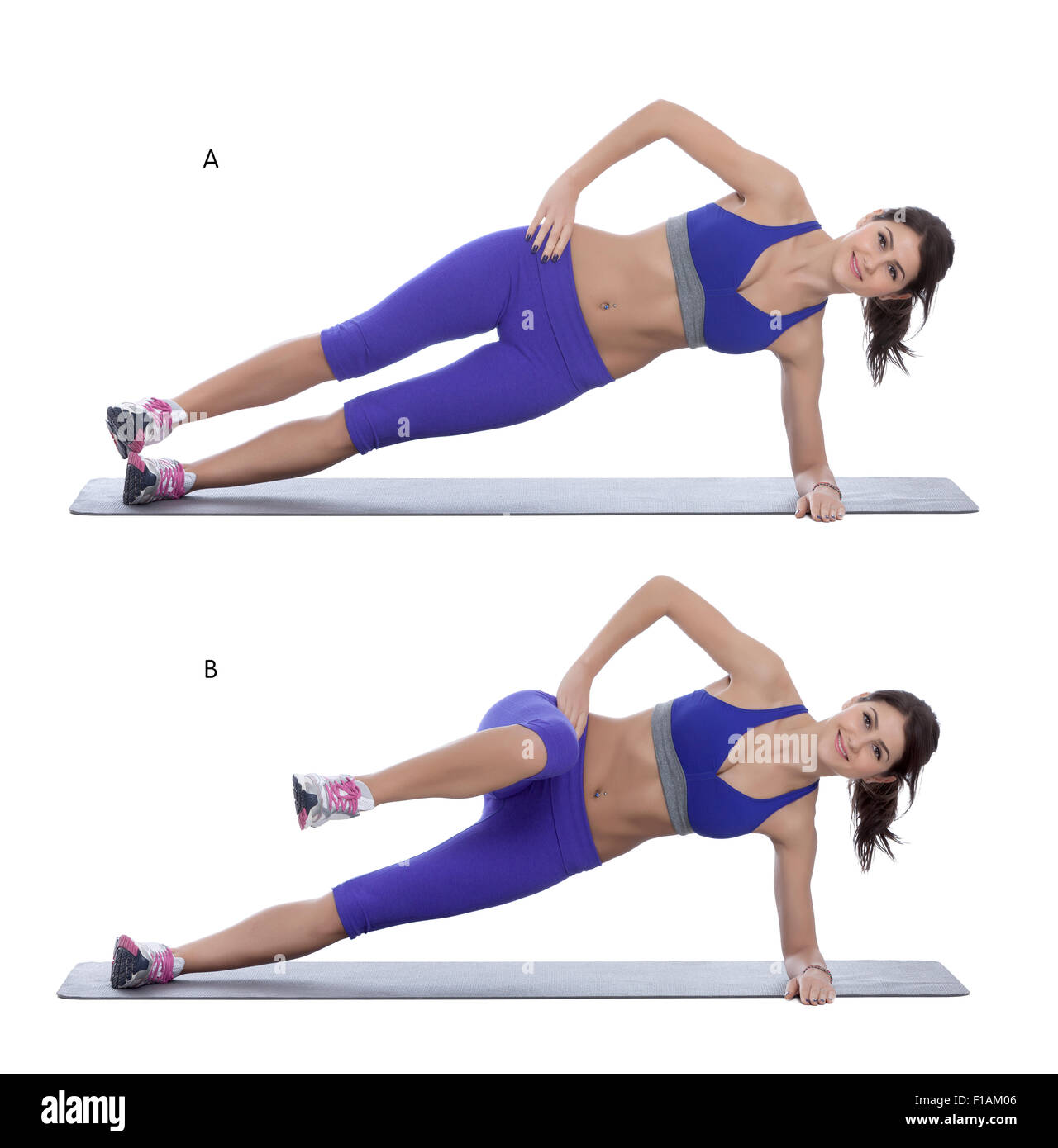 Schritt-für-Schritt-Anleitung: mit den Knien gerade auf Ihrer Seite liegen. Stützen Sie Ihren Oberkörper auf die Ellenbogen und Unterarm. (A) her Stockfoto