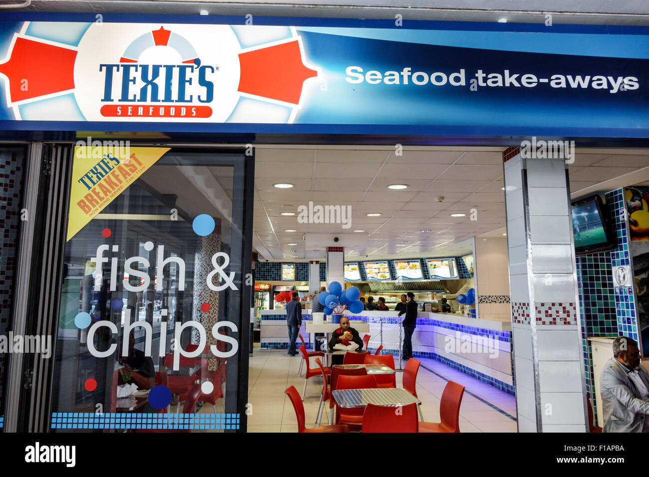 Kapstadt Südafrika, Stadtzentrum, Zentrum, Adderley Street, Texie's Seafoods, Vorderseite, Eingang, Restaurant Restaurants Essen Essen Essen Café Cafés, Fisch & Chips, t Stockfoto
