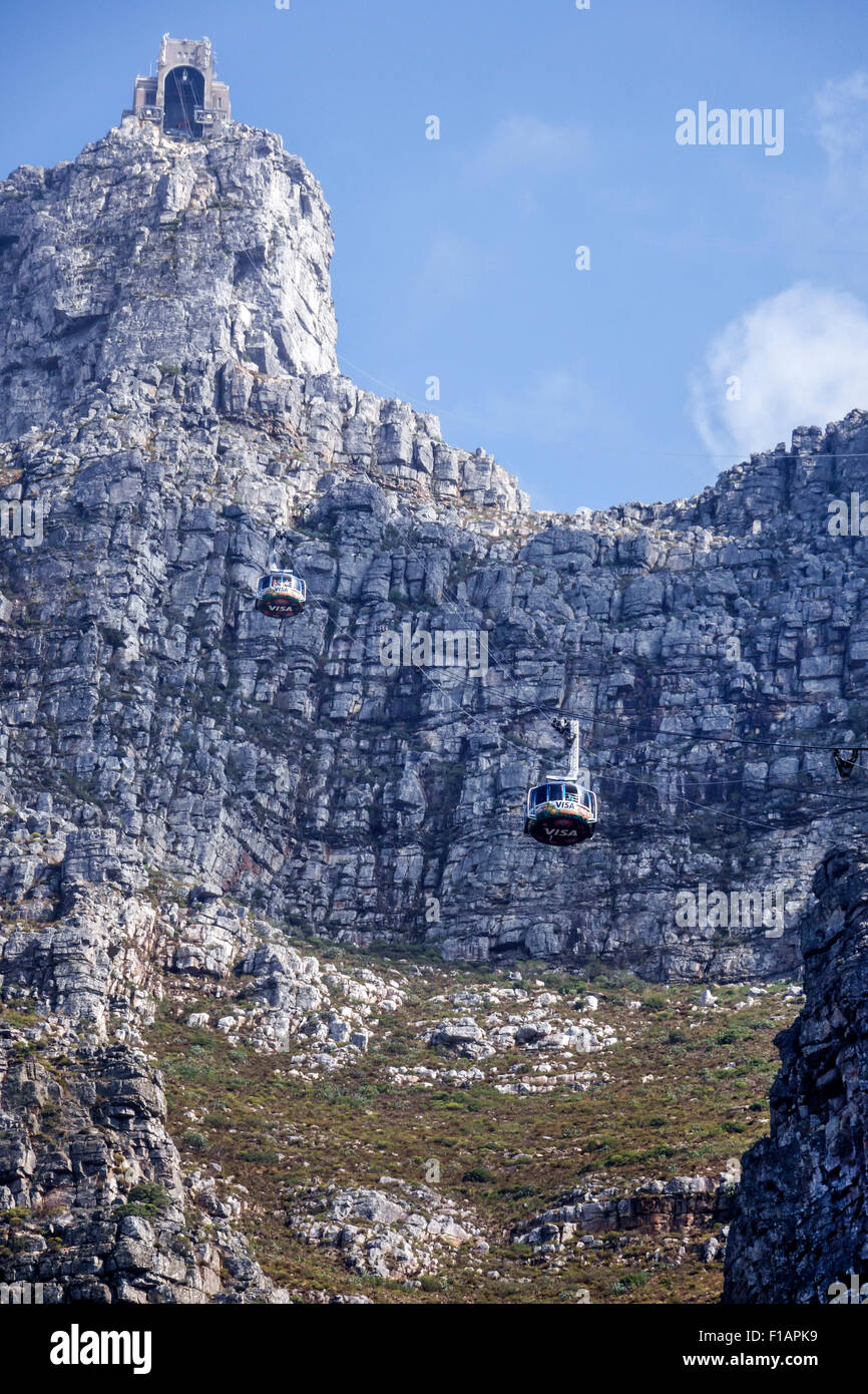 Kapstadt Südafrika, Table Mountain National Park, Naturschutzgebiet, Tafelberg Road, Seilbahn-Seilbahn-Seilbahn, Annäherung an die untere Station, Rotair c Stockfoto
