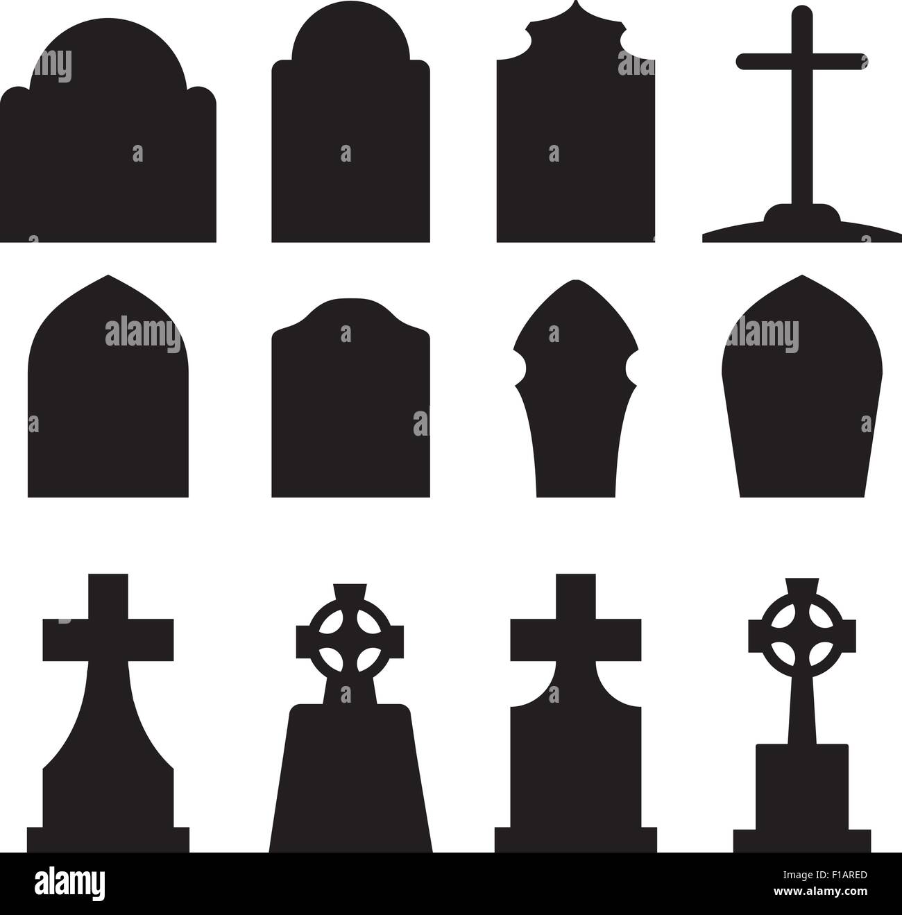 Satz von Grabstein und Tombstone Silhouette im europäischen Stil. Vektor-Illustration. Stock Vektor