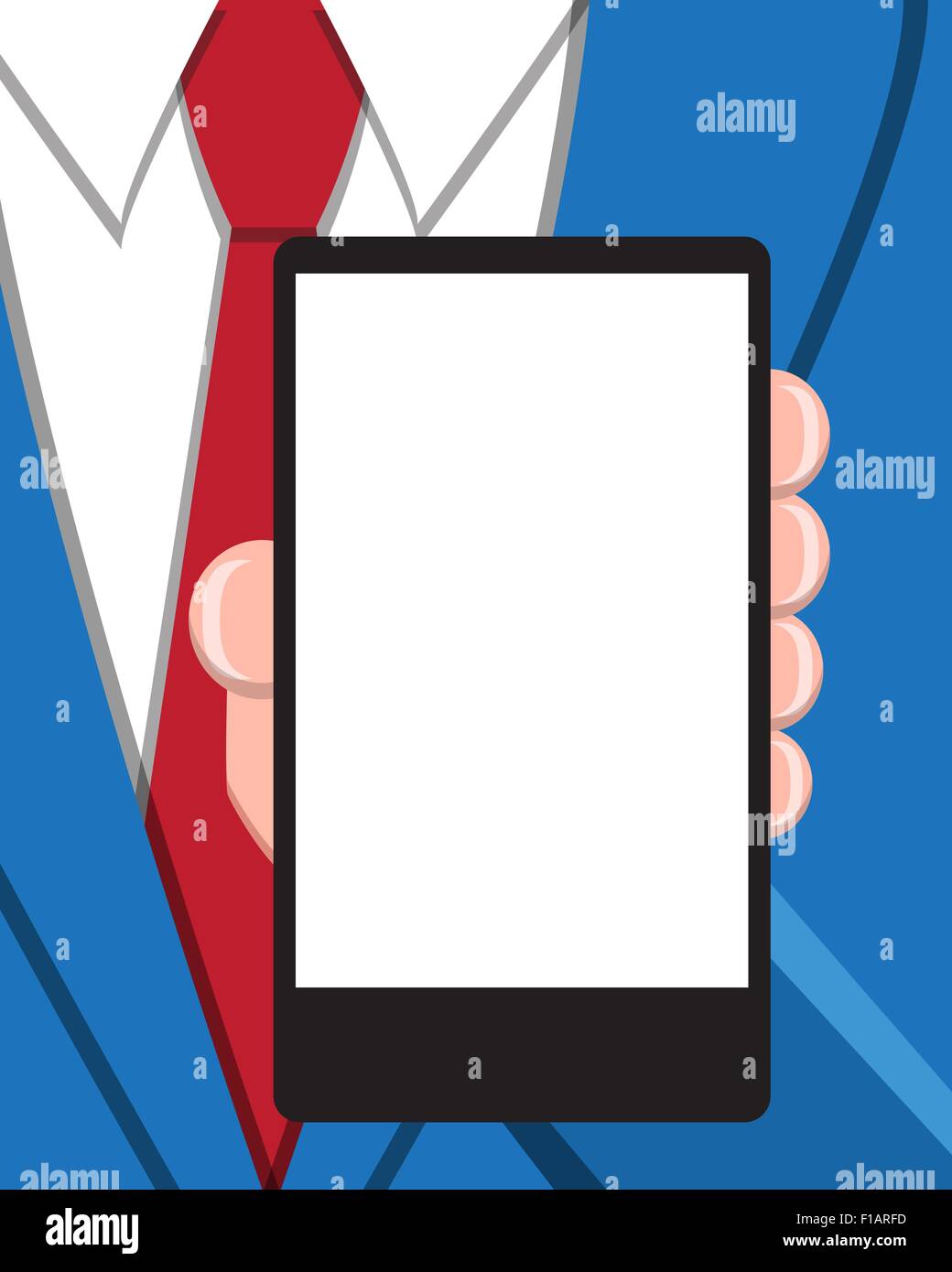 Geschäftsmann mit leeren Bildschirm Smartphone für Ihre Werbung. Vektor-Illustration Hintergrund. Stock Vektor
