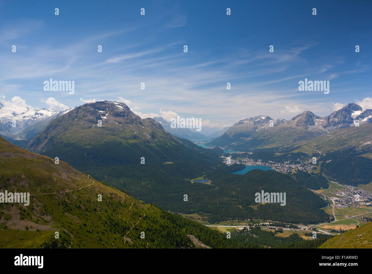 Panorama des Oberengadin von Muottas Muragl, Schweiz Stockfoto