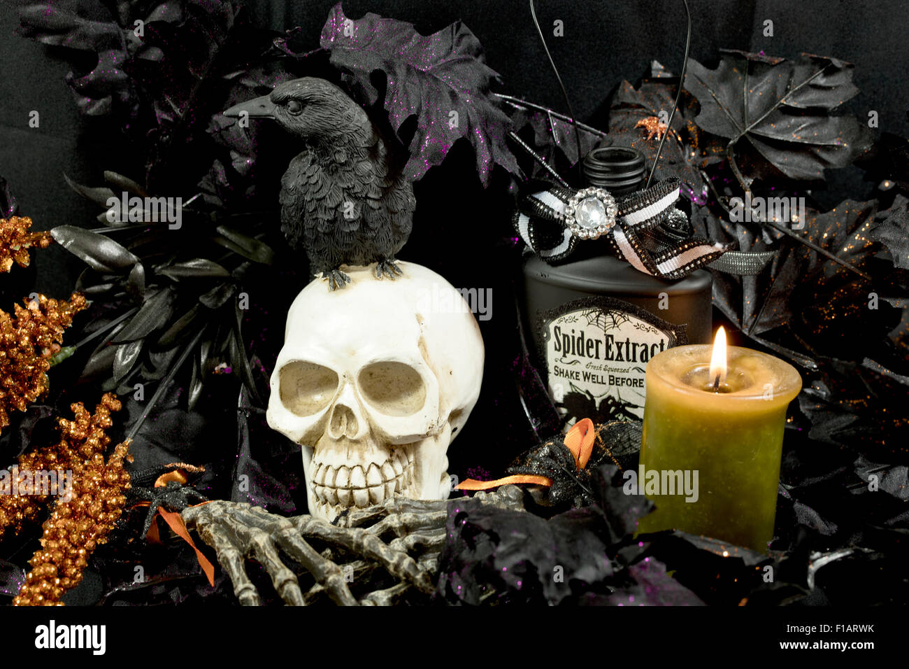 Beängstigend und gruselig Halloween-Dekorationen von Schädeln, Raben und magische Tränke Stockfoto