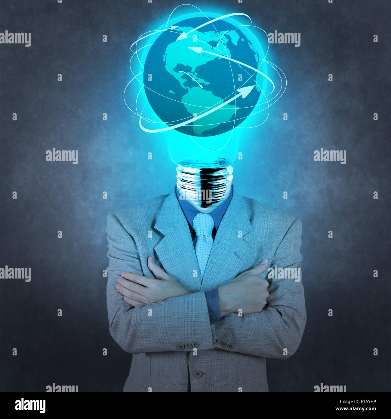 Geschäftsmann mit Leuchtenkopf als social Network-Konzept-design Stockfoto