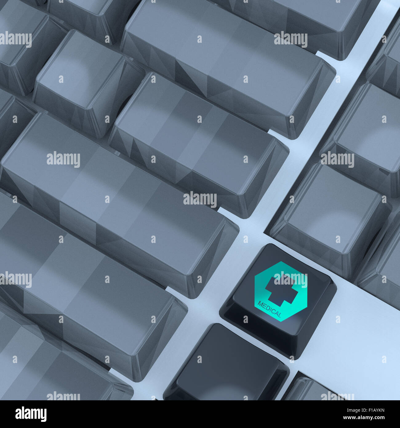 Medizinische Symbole auf grauen Computer-Tastatur-Tasten als Konzept Stockfoto