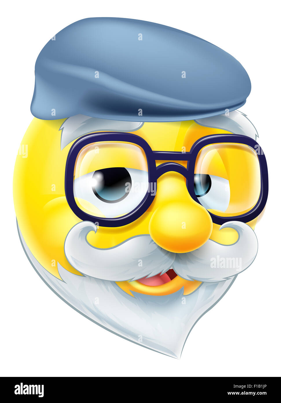 Ein Senioren Rentner OAP alten Mann Emoji Emoticons Charakter tragen Brillen und eine flache Mütze Hut Stockfoto
