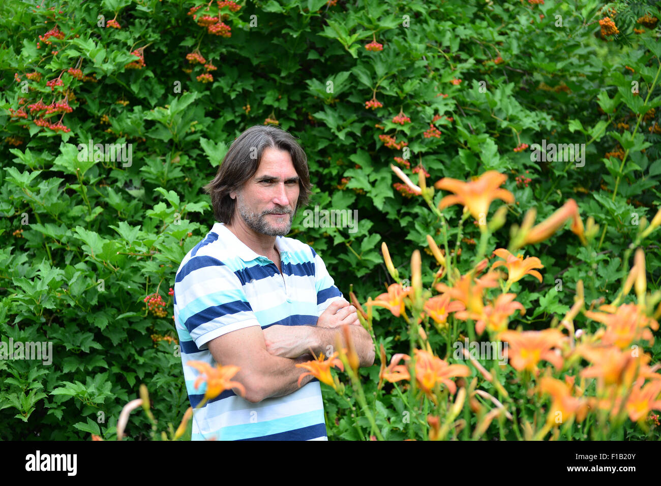 dunkelhaarige Mann mit einem Bart in der Natur Stockfoto