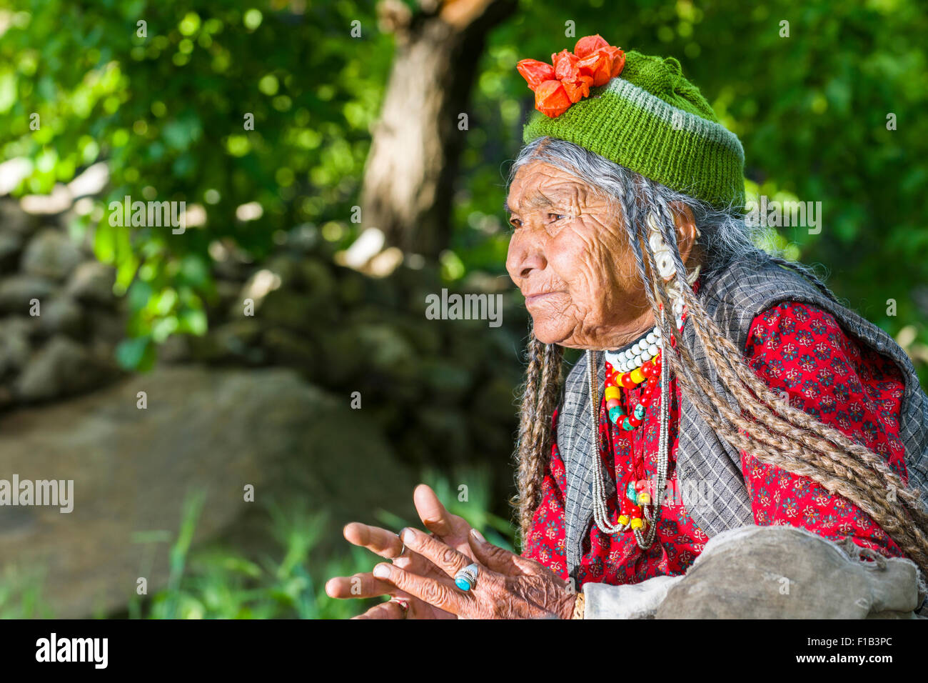 Eine Frau des Stammes Brokpa, tragen ihre Tracht mit der typischen Blume Kopfschmuck, Dah Hanu, Jammu und Kaschmir, Indien Stockfoto