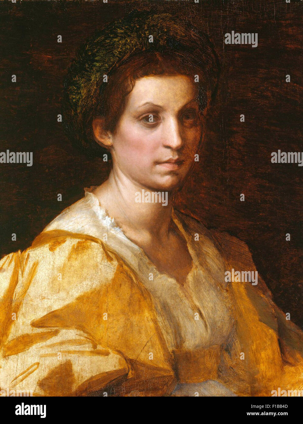 Andrea del Sarto - Portrait einer Frau in gelb Stockfoto