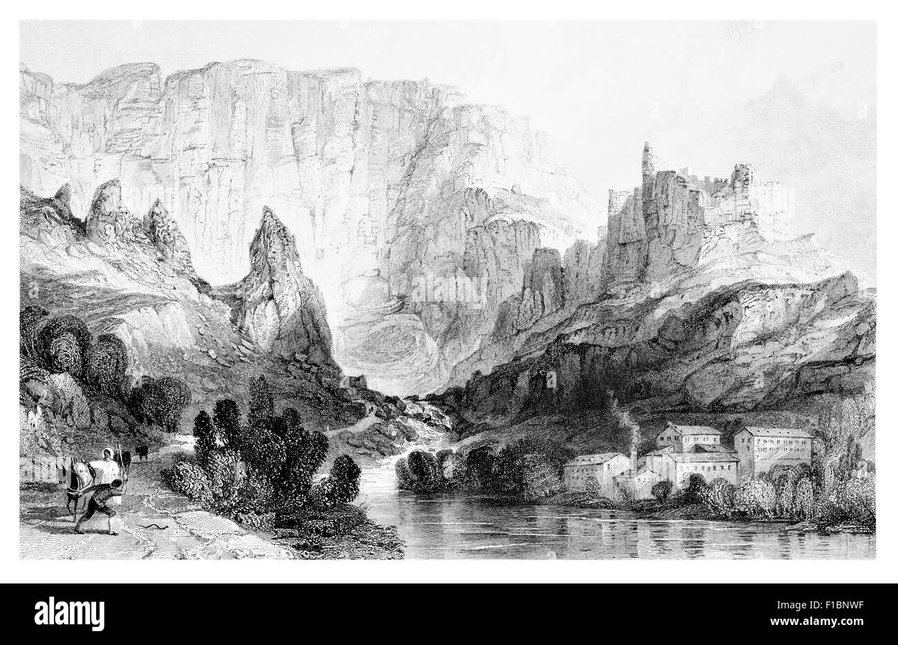 Brunnen von Vaucluse und Petrarca Burg Ruine Wasserfall Cascade Mountain River Stockfoto