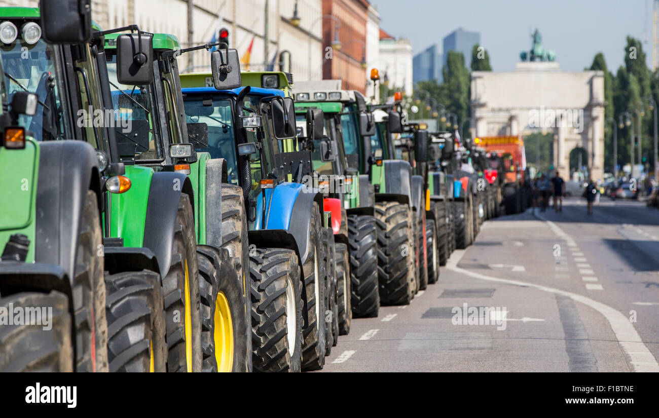 Traktoren stehen in der Ludwigsstrasse in München, 1. September 2015. Hunderte von Bauern protestieren gegen den Preisverfall für Milch. Foto: MARC Müller/dpa Stockfoto