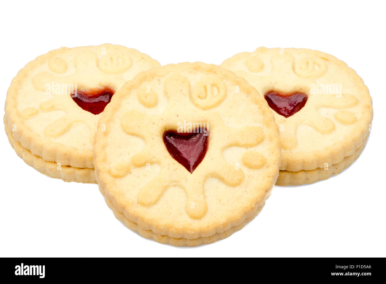 Jammie Dodgers Kekse ausstechen oder auf einem weißen Hintergrund, UK isoliert. Stockfoto