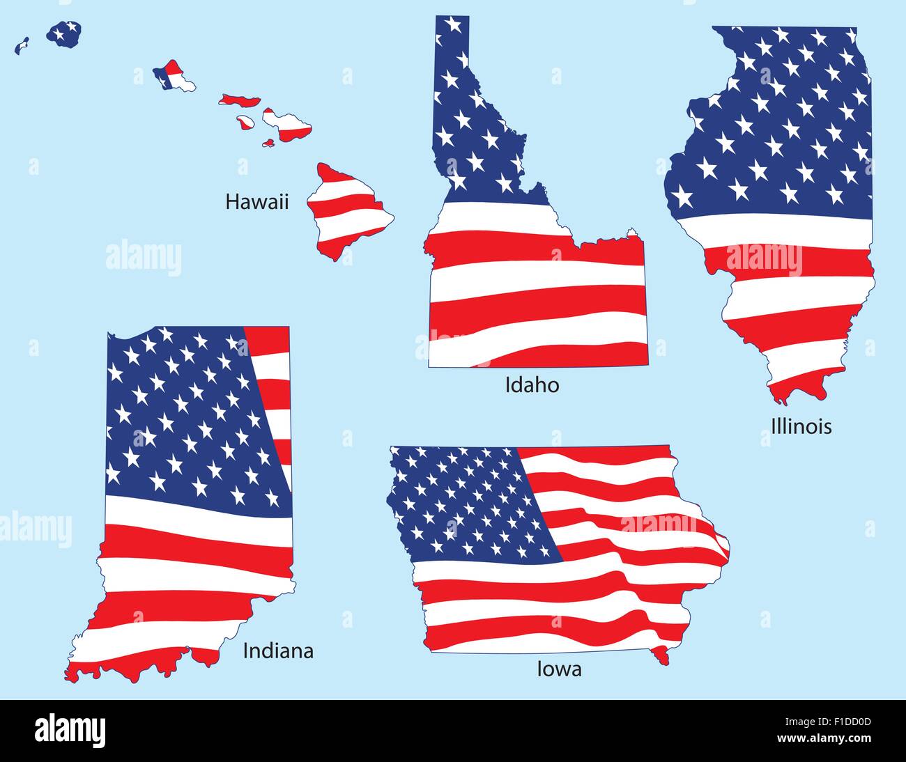 Hawaii, Idaho, Illinois, Indiana und Iowa Umrisse mit Fahnen, gruppiert jeweils einzeln Stock Vektor