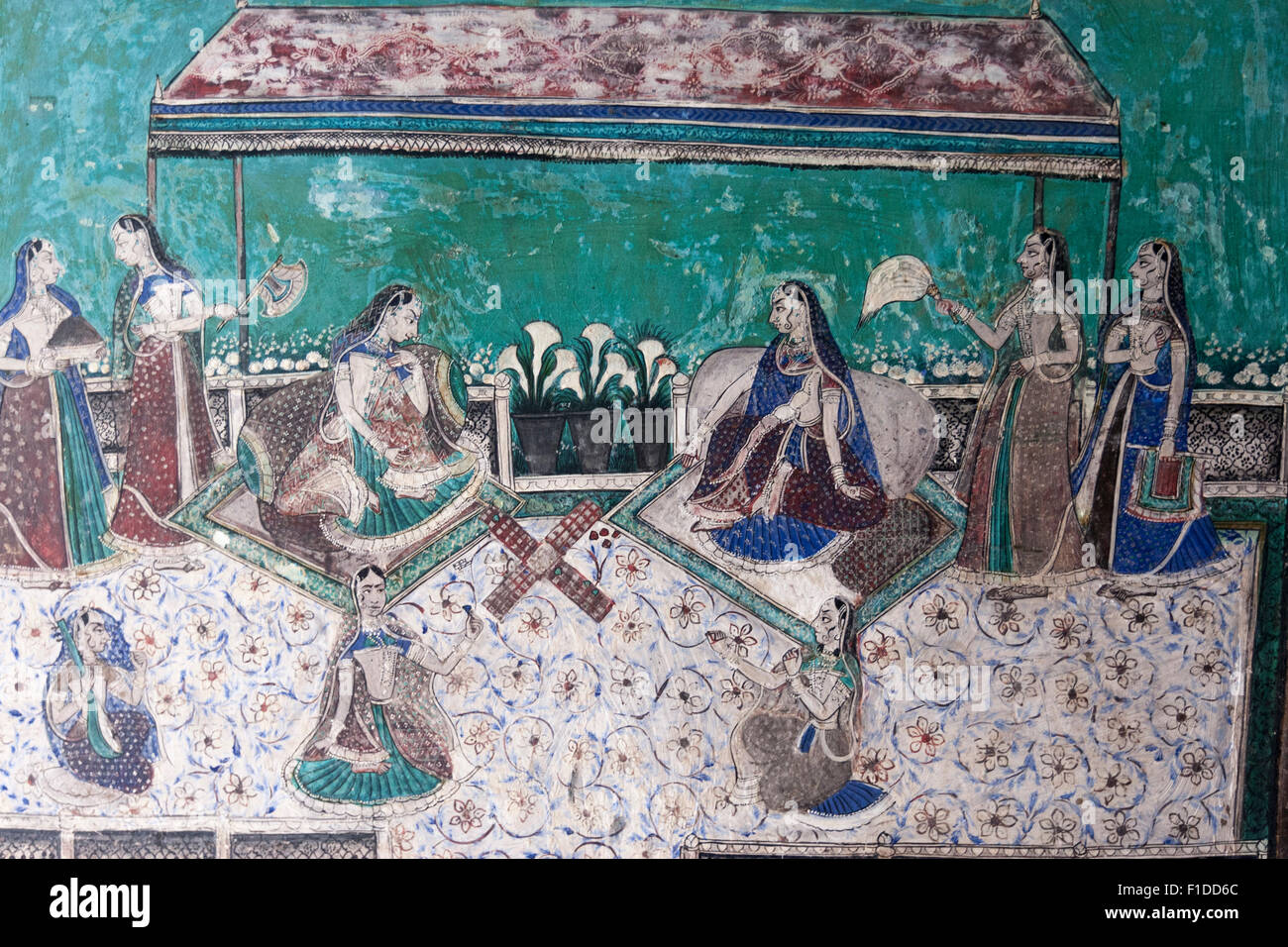 Wandmalerei oder Fresko im Chitrashala oder im Pavillon der Gemälde, Taragarh Fort, Bundi, Rajasthan, Indien Stockfoto