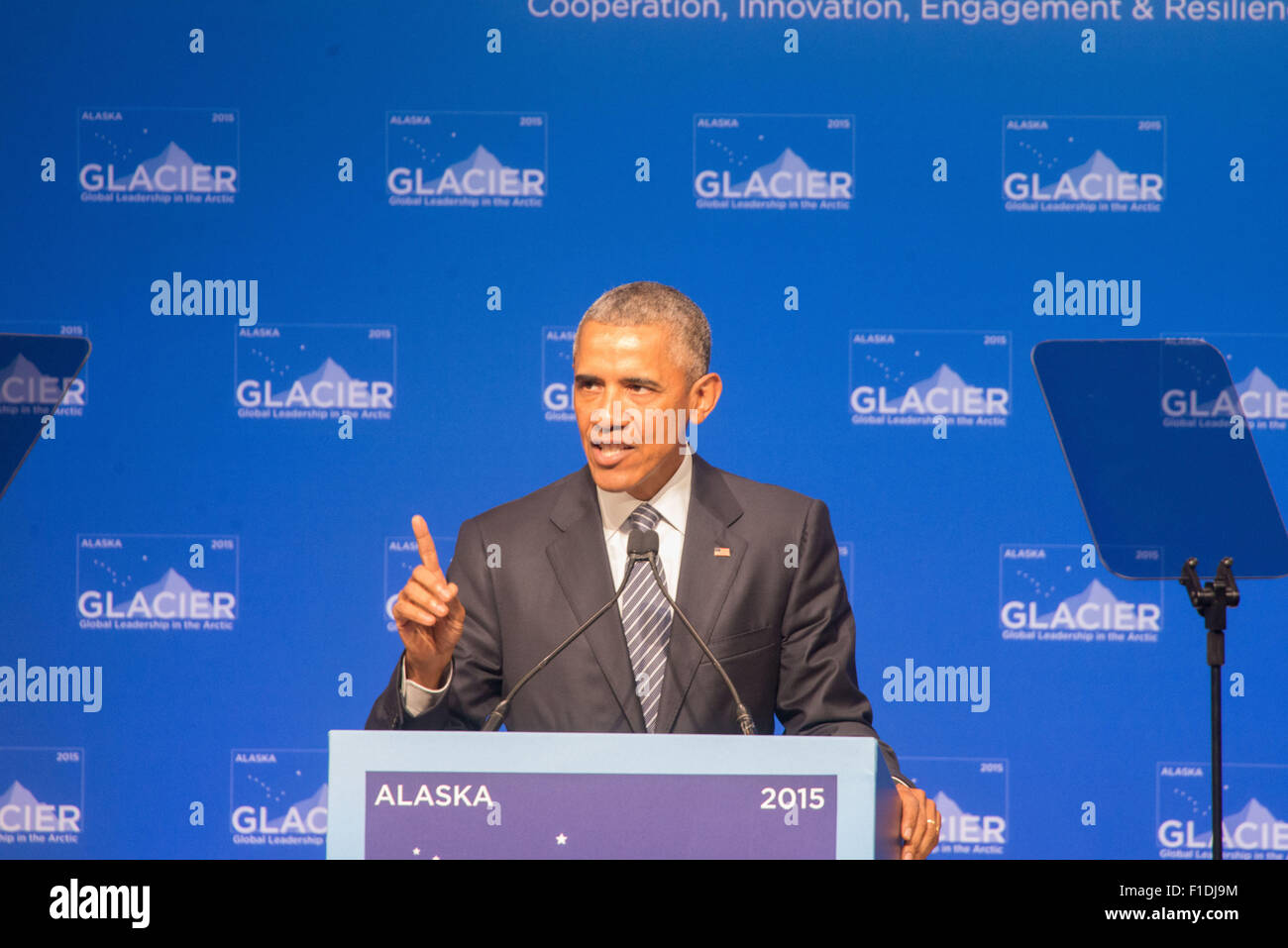 Anchorage, Alaska, USA. 1. Sep, 2015. Präsident Barack Obama anlässlich Gletscher Konferenz auf die globale Erwärmung, Anchorage, Alaska, 31.08.2015 Kredit: Ron Levy/ZUMA Draht/Alamy Live News Stockfoto