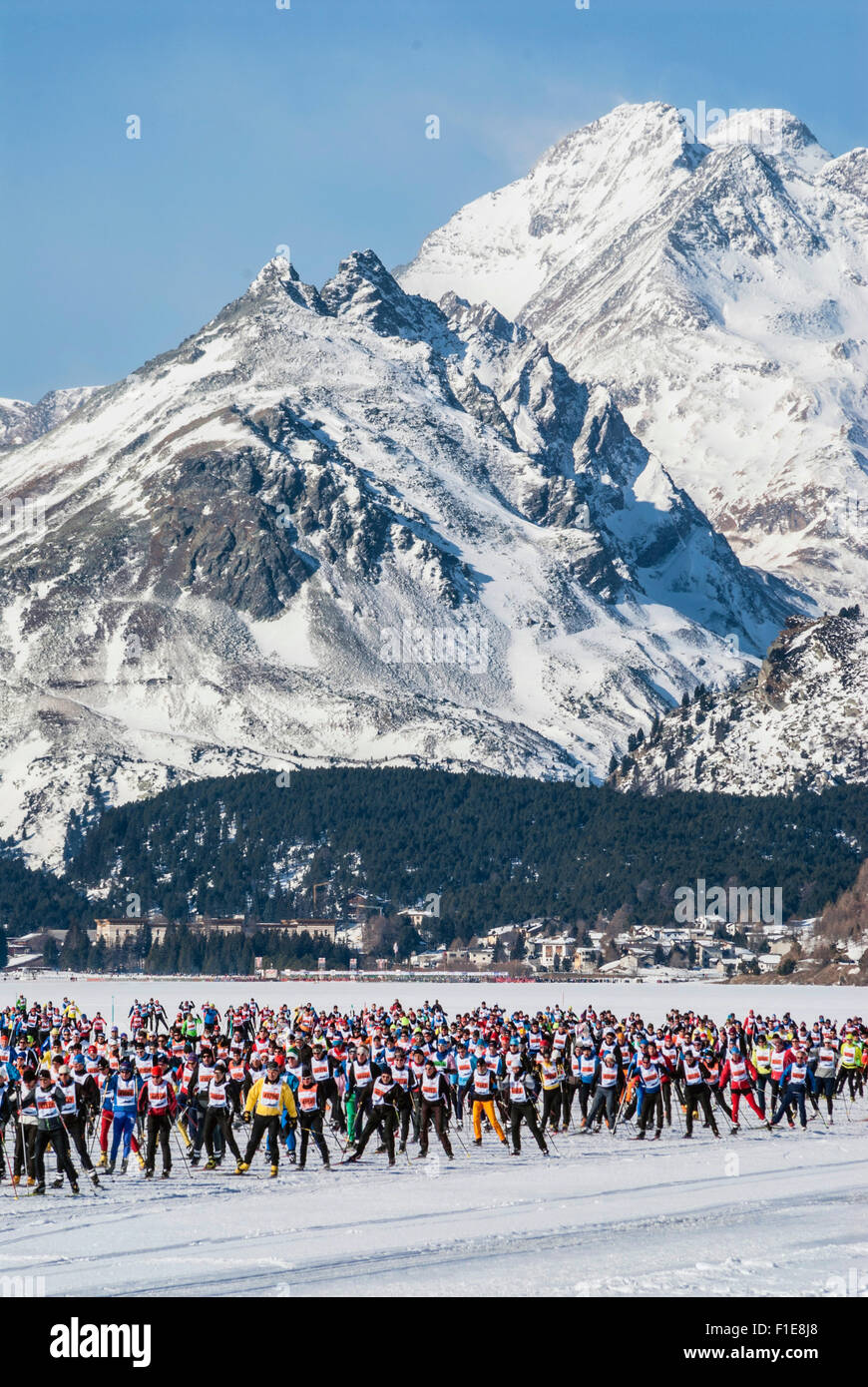 Langlauffahrer beim Engadin Ski Marathon, Engadin, Schweiz Stockfoto