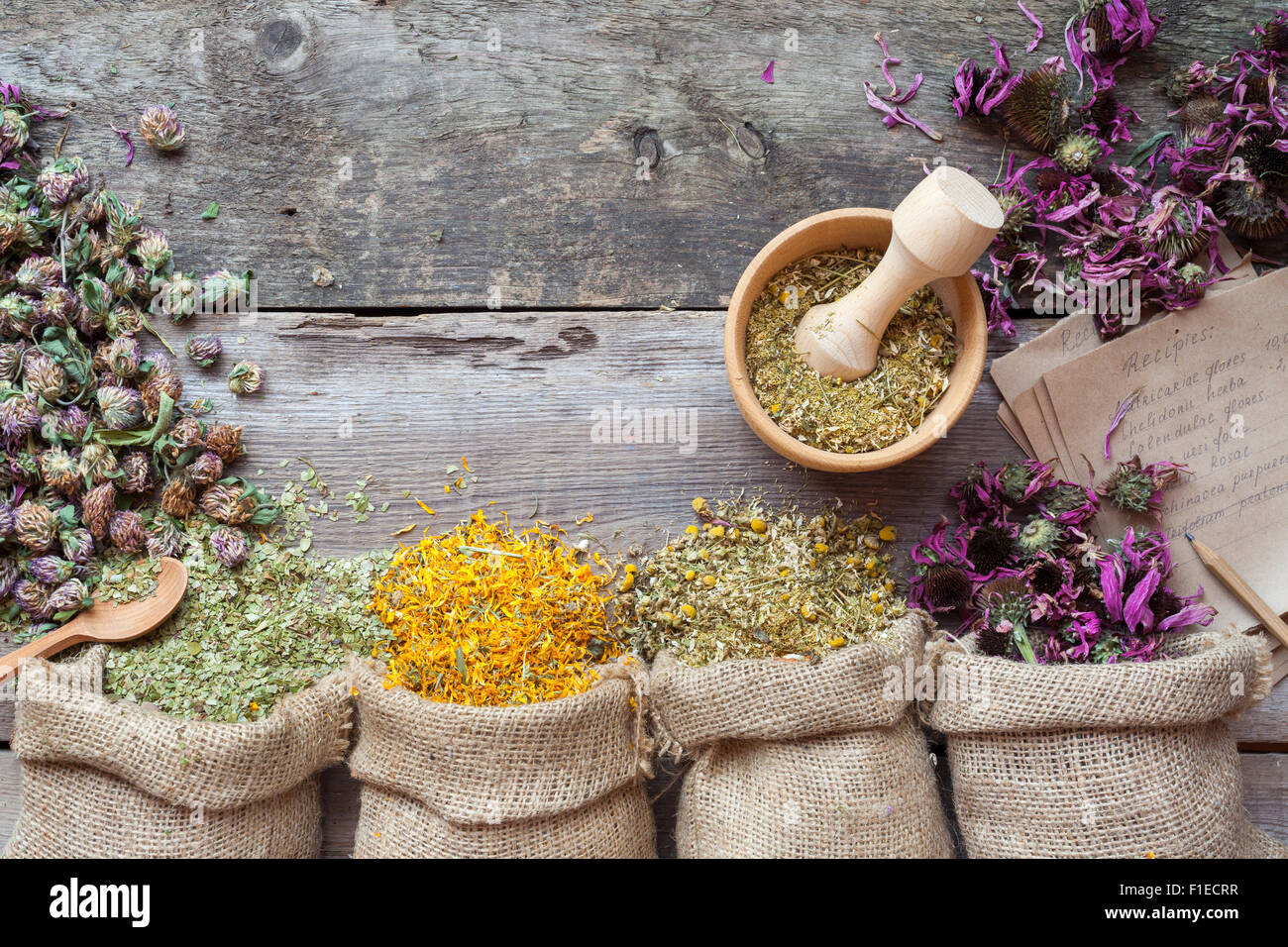 Heilende Kräuter im Hessischen Taschen, hölzerne Mörser und Rezepte, Kräutermedizin. Ansicht von oben. Stockfoto