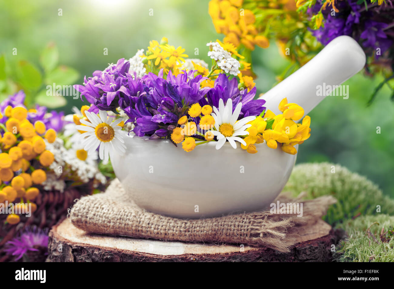 Mörtel mit heilenden Kräutern und Wildblumen. Pflanzliche Arzneimittel. Stockfoto