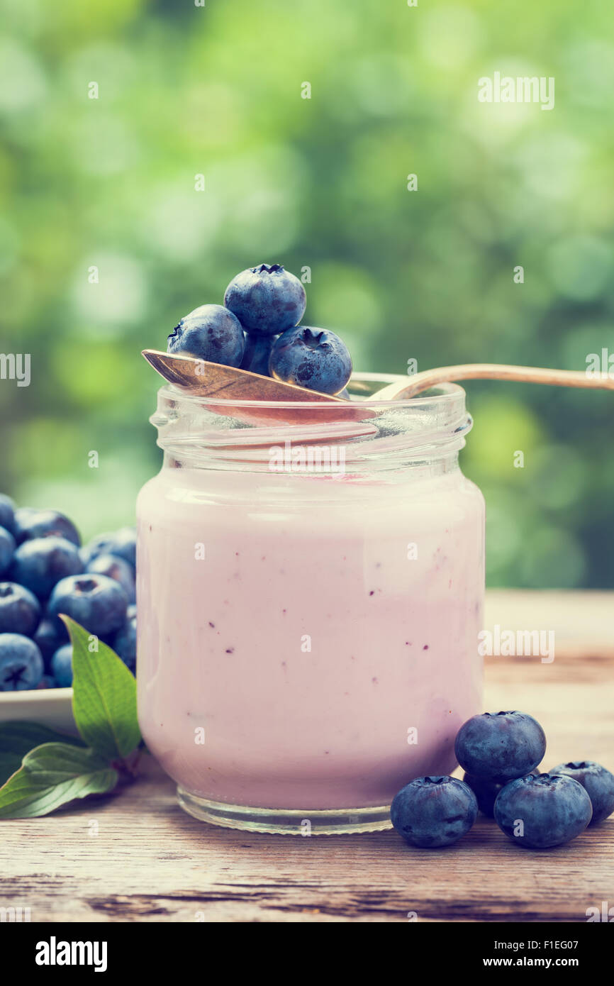 Frische Heidelbeeren Joghurt im Glas. Retro stilisiert. Stockfoto