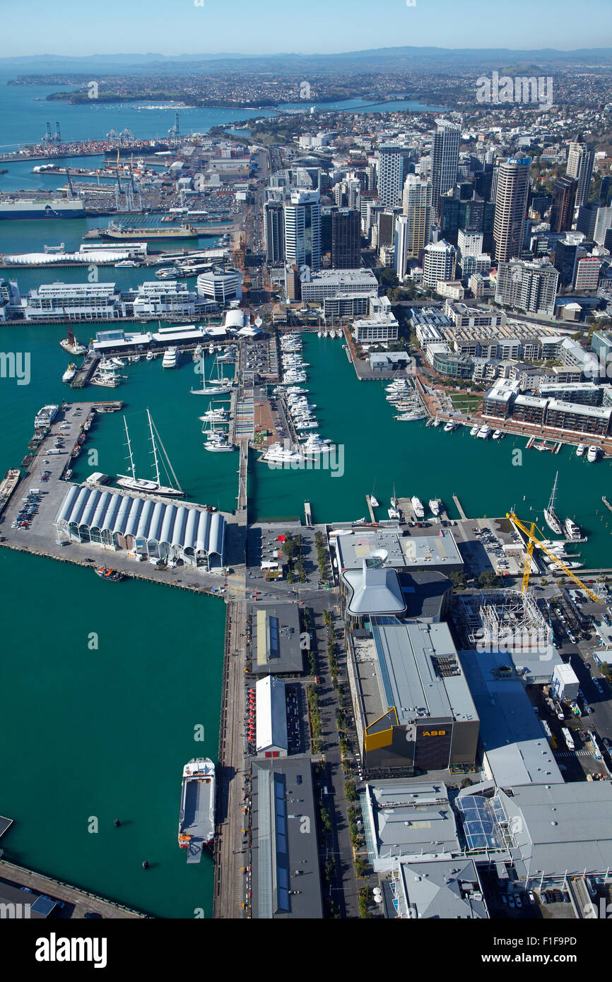 Wynyard Quarter, Viaduct Harbour und Auckland Waterfront, Auckland, Nordinsel, Neuseeland - Antenne Stockfoto